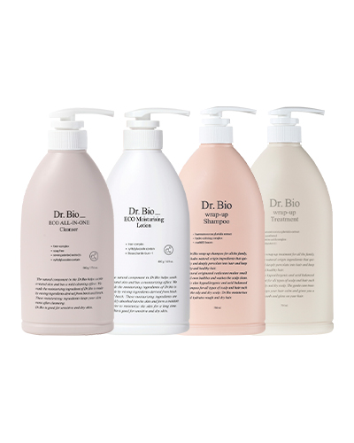 [COMBO SET] DR.BIO ALL-IN-ONE CLEANSER 500g + ECO MOISTURISING LOTION 480g + WRAP-UP SHAMPOO 750ml + WRAP-UP TREATMENT 750ml